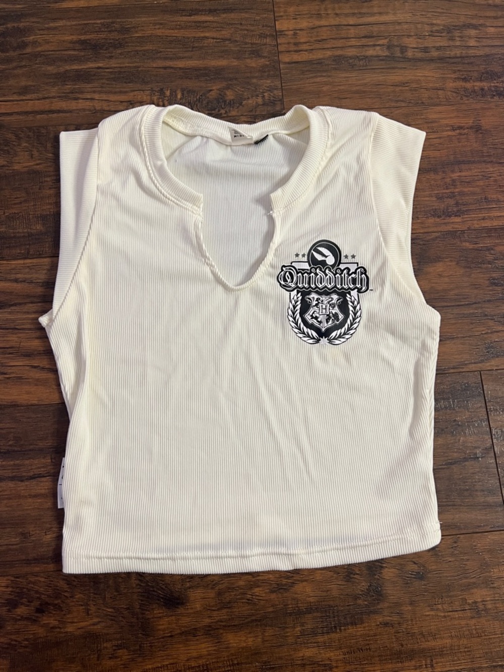 SHEIN White Ribbed Crop Top with Black Quidditch Crest